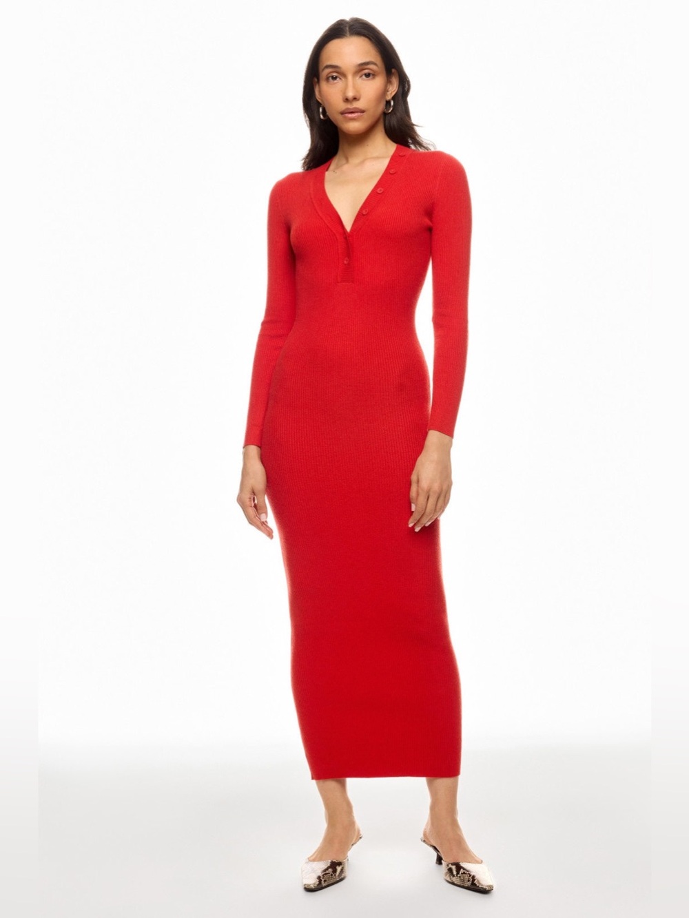ROAM Red Ribbed Button-Detail V-Neck Maxi Dress